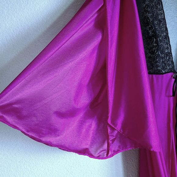 vintage shirley of hollywood dressing gown fuschia pink black lace one size - Picture 5 of 6